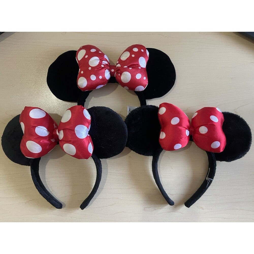3 Official Disney Minnie Mickey Mouse Black Red White Puffy Bow Ears Headbands